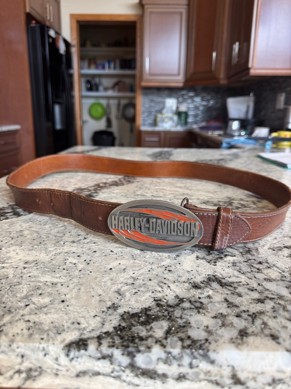 Harley-Davidson Brown Leather Belt with Oval Logo Buckle and Orange Accents